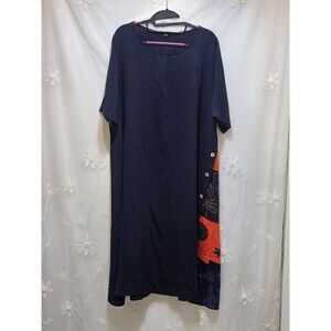 Womens XXL Navy Blue Red Dress Maxi A-Line Boho Side Abstract Floral Detail Chic